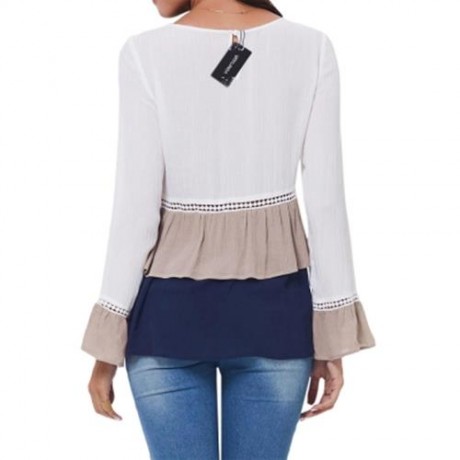 LAYERED FLOUNCE LACE INSERT LONG SLEEVE BLOUSE (WHITE)