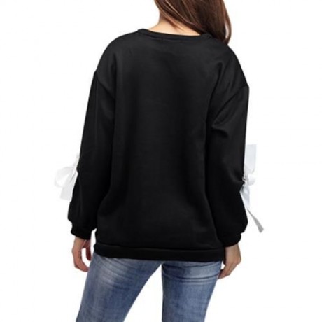 CREW NECK LACE UP BOWKNOT SWEATSHIRT (BLACK)