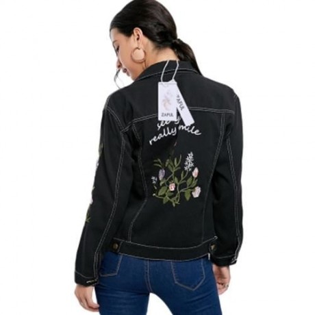 FLORAL EMBROIDERY DENIM JACKET (BLACK)