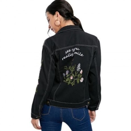 FLORAL EMBROIDERY DENIM JACKET (BLACK)