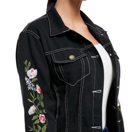 FLORAL EMBROIDERY DENIM JACKET (BLACK)