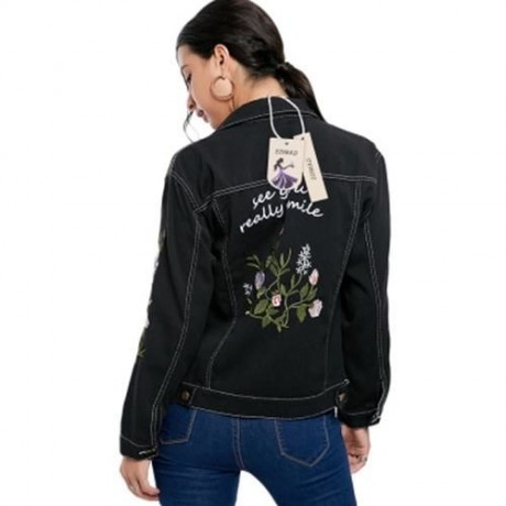 FLORAL EMBROIDERY DENIM JACKET (BLACK)