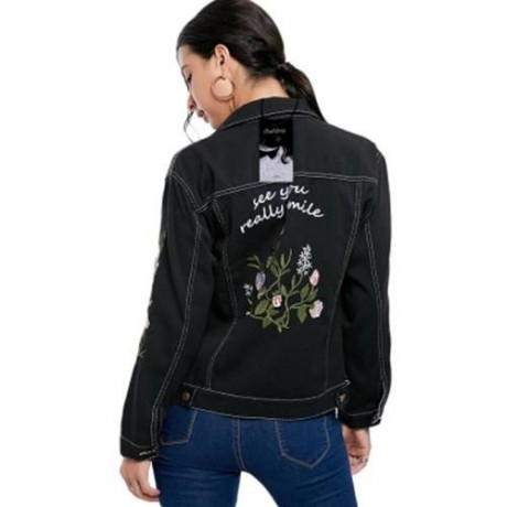 FLORAL EMBROIDERY DENIM JACKET (BLACK)