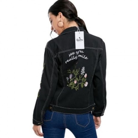FLORAL EMBROIDERY DENIM JACKET (BLACK)