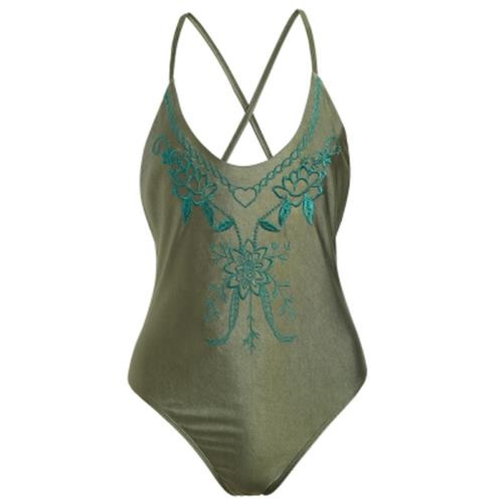 PLUS SIZE CROSSBACK EMBROIDERED SWIMSUIT (PEARL ARMY GREEN)
