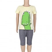 2PCS KIDS BOYS CASUAL CARTOON PRINTED T-SHIRT PLAID CROP PANTS (YELLOW)