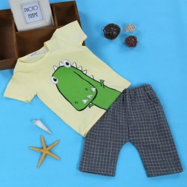 2PCS KIDS BOYS CASUAL CARTOON PRINTED T-SHIRT PLAID CROP PANTS (YELLOW)
