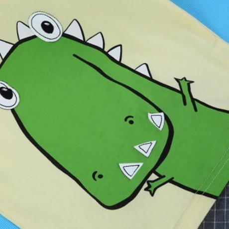 2PCS KIDS BOYS CASUAL CARTOON PRINTED T-SHIRT PLAID CROP PANTS (YELLOW)