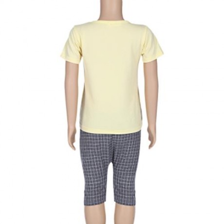 2PCS KIDS BOYS CASUAL CARTOON PRINTED T-SHIRT PLAID CROP PANTS (YELLOW)