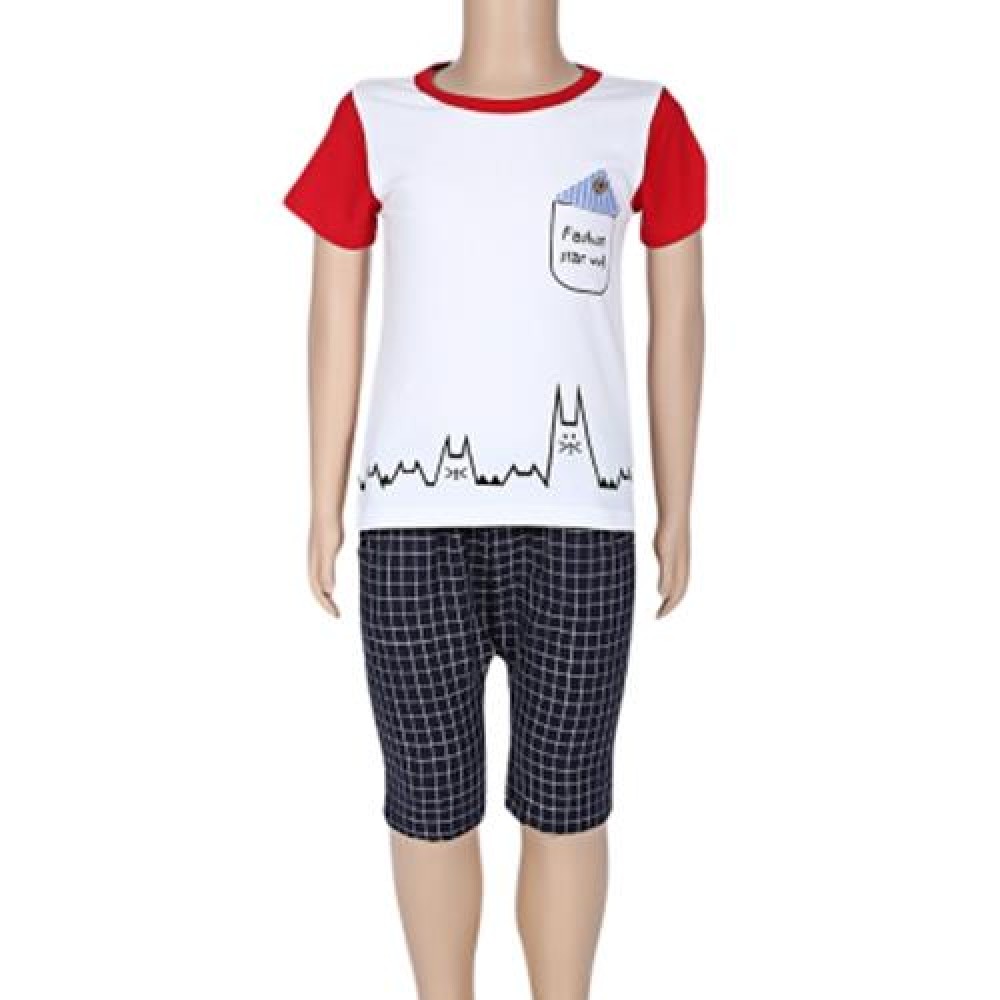 2PCS KIDS BOYS CASUAL CARTOON PRINTED T-SHIRT PLAID CROP PANTS (WHITE)
