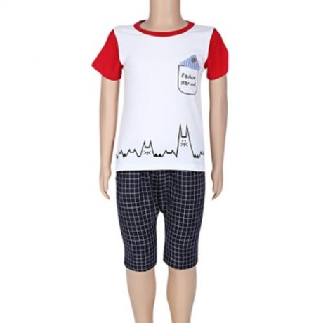 2PCS KIDS BOYS CASUAL CARTOON PRINTED T-SHIRT PLAID CROP PANTS (WHITE)