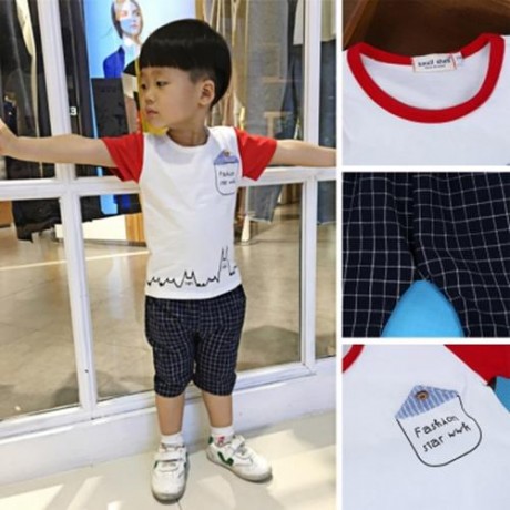 2PCS KIDS BOYS CASUAL CARTOON PRINTED T-SHIRT PLAID CROP PANTS (WHITE)