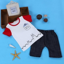 2PCS KIDS BOYS CASUAL CARTOON PRINTED T-SHIRT PLAID CROP PANTS (WHITE)