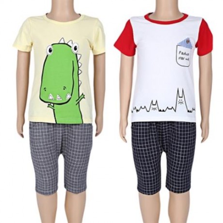 2PCS KIDS BOYS CASUAL CARTOON PRINTED T-SHIRT PLAID CROP PANTS (WHITE)