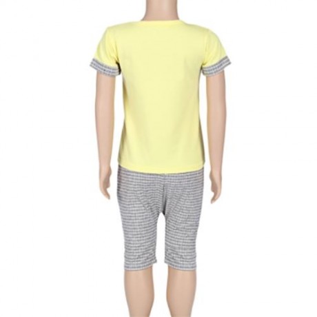 2PCS BOYS KIDS CASUAL SLOWLY PRINTED T-SHIRT PLAID CROP PANTS (YELLOW)
