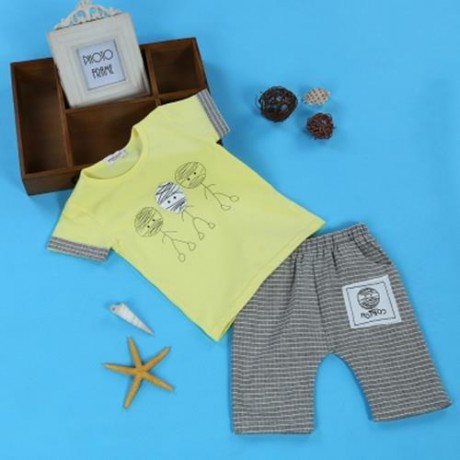 2PCS BOYS KIDS CASUAL SLOWLY PRINTED T-SHIRT PLAID CROP PANTS (YELLOW)