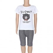 2PCS BOYS KIDS CASUAL SLOWLY PRINTED T-SHIRT PLAID CROP PANTS (WHITE)