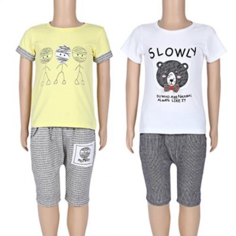 2PCS BOYS KIDS CASUAL SLOWLY PRINTED T-SHIRT PLAID CROP PANTS (WHITE)