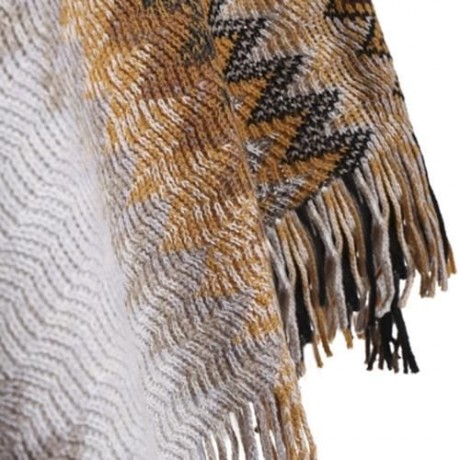 PLUS SIZE FRINGED ZIGZAG PONCHO SWEATER (CAMEL)