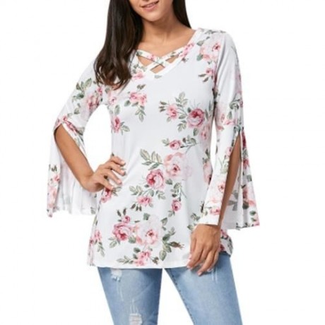 SPLIT FLARE SLEEVE FLORAL TUNIC TOP (WHITE)