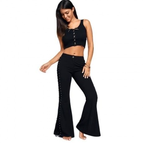 FLARE PANTS WITH CRISS CROSS LACE UP (BLACK)