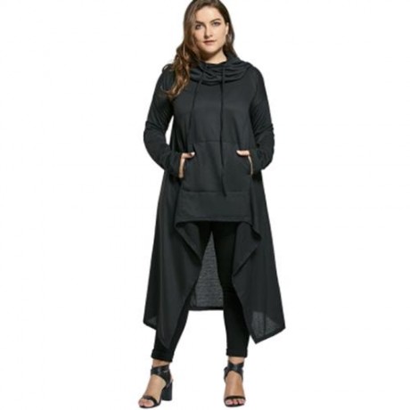 PLUS SIZE FUNNEL COLLAR MAXI ASYMMETRIC HOODIE (BLACK)