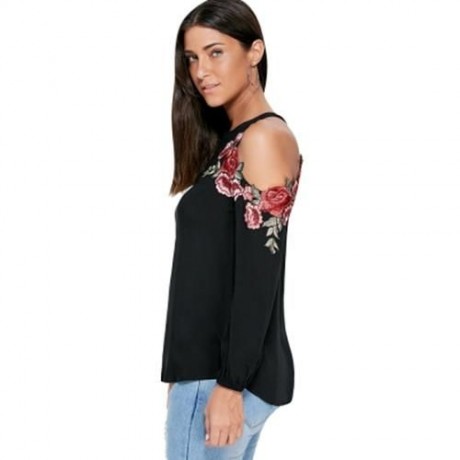 EMBROIDERY APPLIQUE COLD SHOULDER TOP (BLACK)
