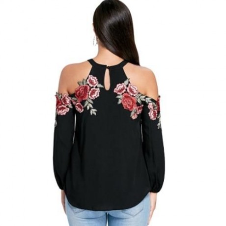 EMBROIDERY APPLIQUE COLD SHOULDER TOP (BLACK)