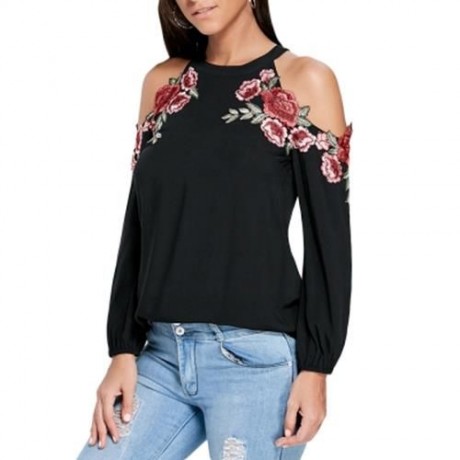 EMBROIDERY APPLIQUE COLD SHOULDER TOP (BLACK)