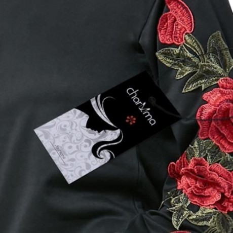 FLORAL APPLIQUE LONG SLEEVE TUNIC SWEATSHIRT (BLACK)