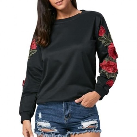 FLORAL APPLIQUE LONG SLEEVE TUNIC SWEATSHIRT (BLACK)