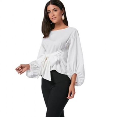 PUFF SLEEVE BELTED BLOUSE (BLACK)