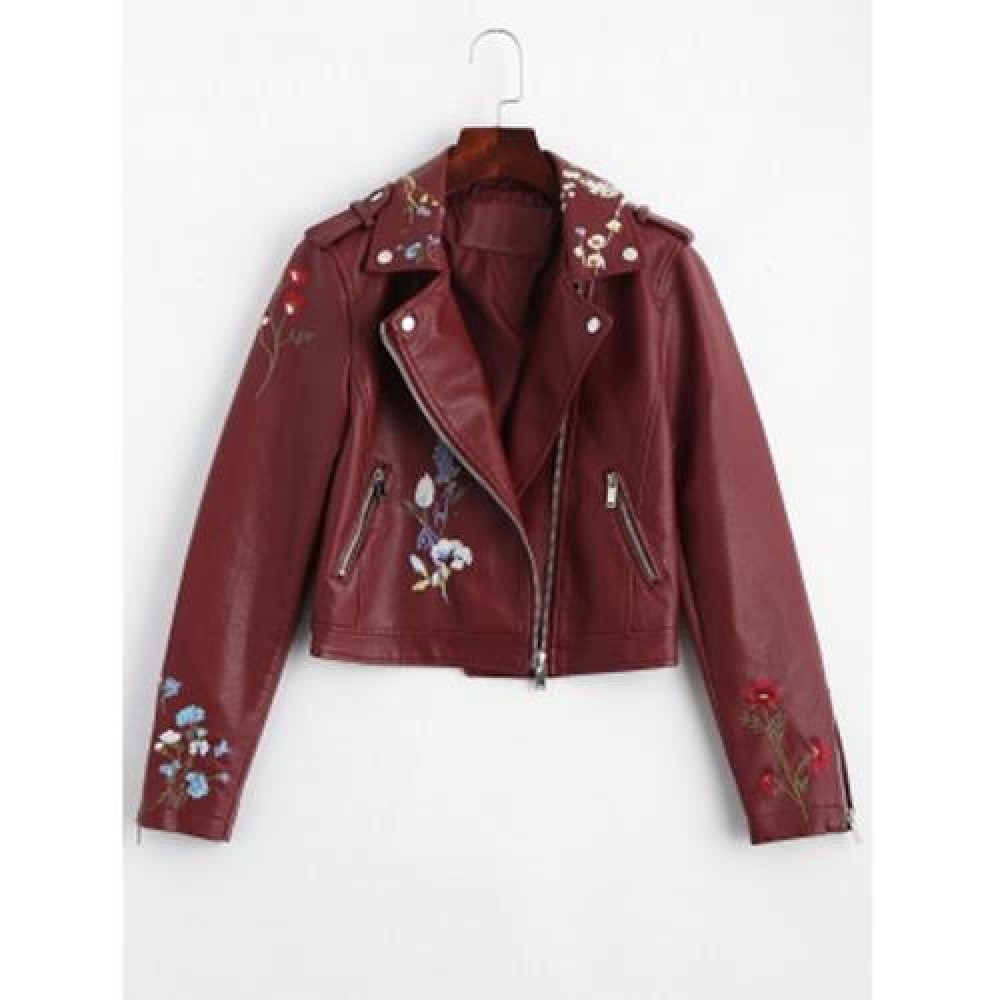ZIPPERED FLORAL PATCHED FAUX LEATHER JACKET (WINE RED)