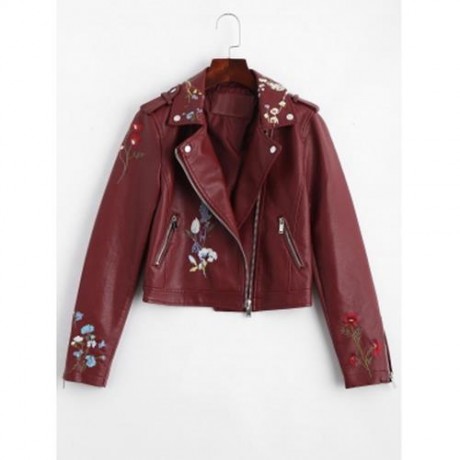 ZIPPERED FLORAL PATCHED FAUX LEATHER JACKET (WINE RED)
