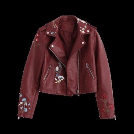 ZIPPERED FLORAL PATCHED FAUX LEATHER JACKET (WINE RED)