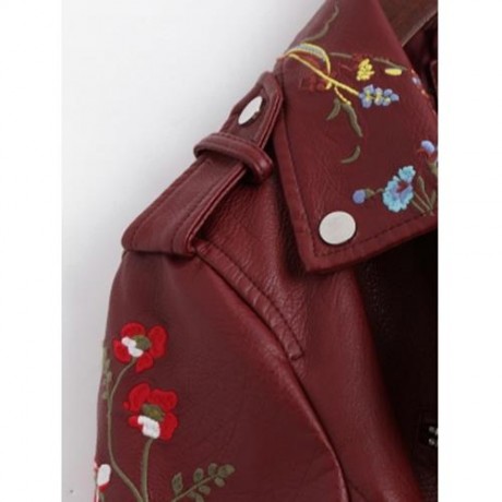 ZIPPERED FLORAL PATCHED FAUX LEATHER JACKET (WINE RED)