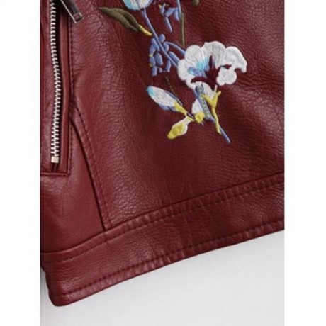 ZIPPERED FLORAL PATCHED FAUX LEATHER JACKET (WINE RED)