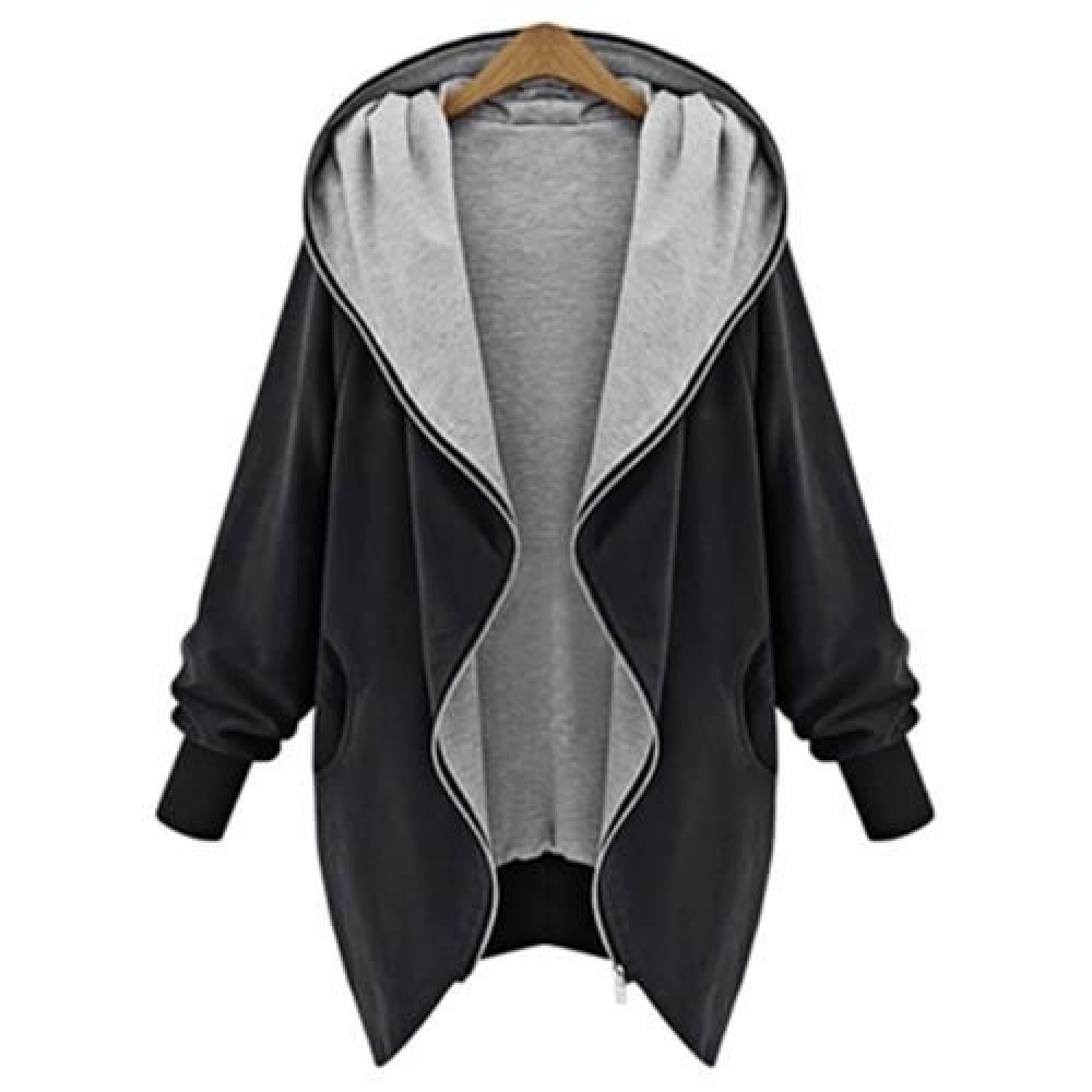ZIP UP PLUS SIZE HOODED COAT (BLACK)