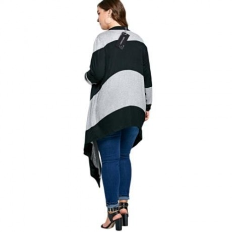 STRIPED PLUS SIZE LONG ASYMMETRIC CARDIGAN (BLACK AND GRAY)