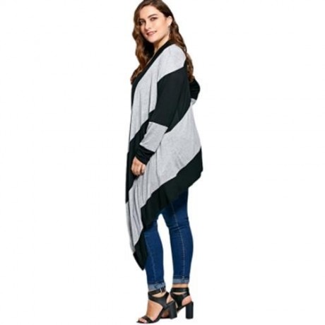 STRIPED PLUS SIZE LONG ASYMMETRIC CARDIGAN (BLACK AND GRAY)