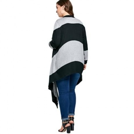 STRIPED PLUS SIZE LONG ASYMMETRIC CARDIGAN (BLACK AND GRAY)
