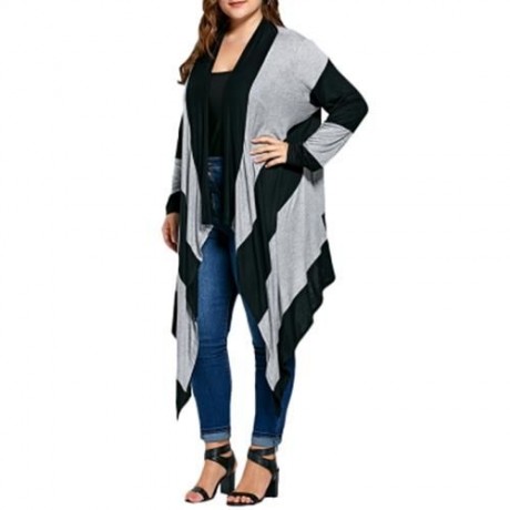 STRIPED PLUS SIZE LONG ASYMMETRIC CARDIGAN (BLACK AND GRAY)