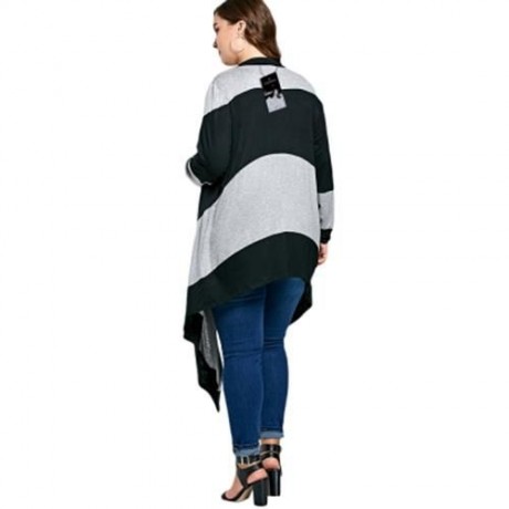 STRIPED PLUS SIZE LONG ASYMMETRIC CARDIGAN (BLACK AND GRAY)