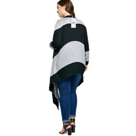 STRIPED PLUS SIZE LONG ASYMMETRIC CARDIGAN (BLACK AND GRAY)