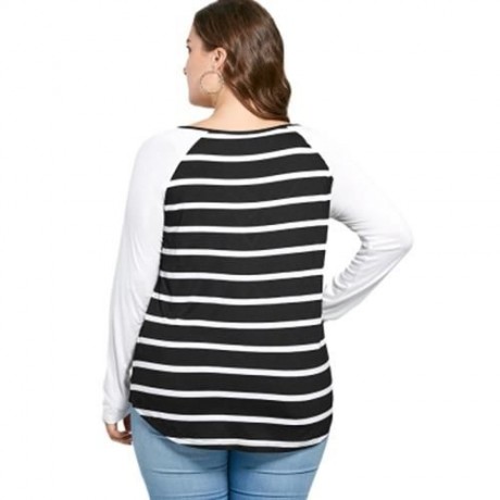 PLUS SIZE LATTICE NECK STRIPED JERSEY TOP (BLACK WHITE)