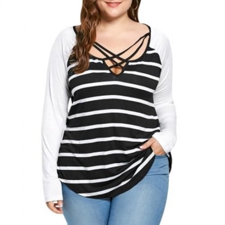 PLUS SIZE LATTICE NECK STRIPED JERSEY TOP (BLACK WHITE)