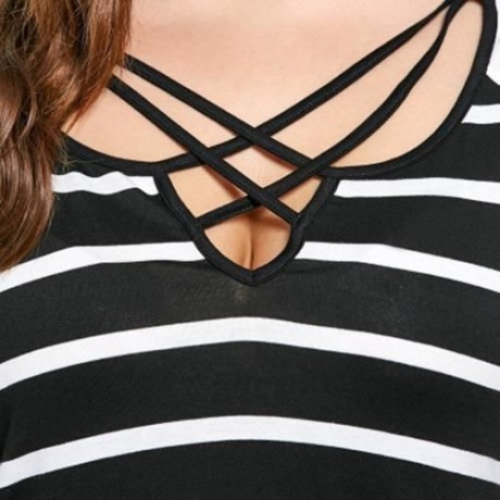PLUS SIZE LATTICE NECK STRIPED JERSEY TOP (BLACK WHITE)