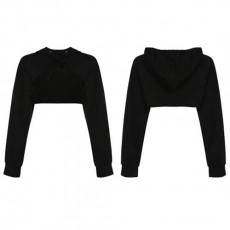 TRENDY HOODED LONG SLEEVE SHORT WOMEN HOODIE (BLACK)