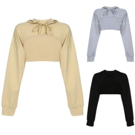 TRENDY HOODED LONG SLEEVE SHORT WOMEN HOODIE (BLACK)
