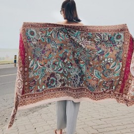 BOHEMIAN ETHNIC FLOWERS PRINTED TASSELS SHAWL SCARF (LIGHT BROWN)